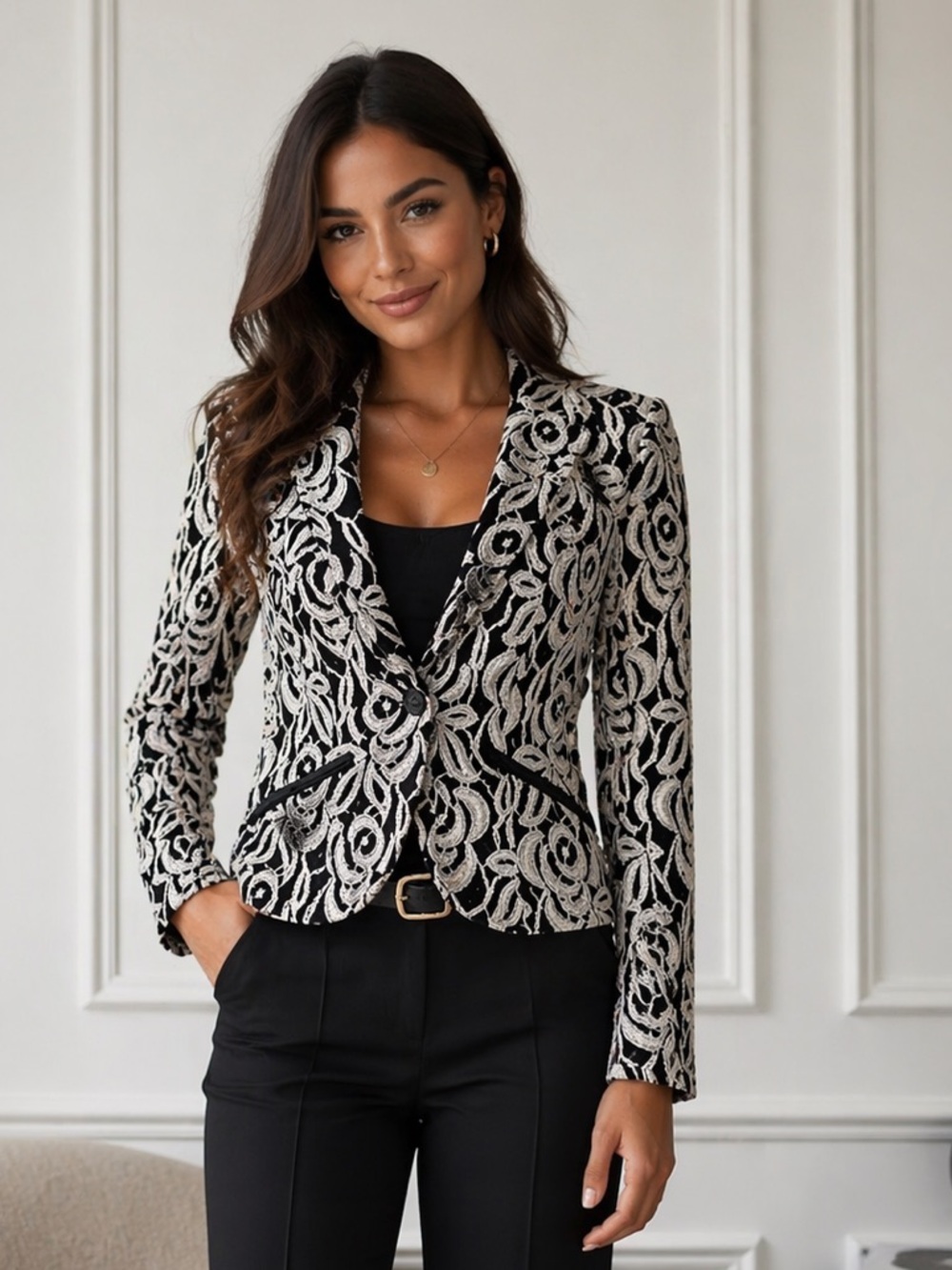 INC International Concepts Black and White Lace Blazer